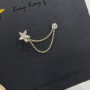 14K Solid Gold Double Chain Stud Earring Flower and 3mm CZ - TGE43004