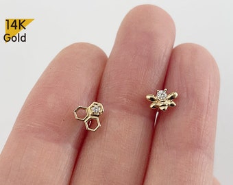 14K Solid Gold Cubic Zirconia Bee, Honeycomb Ball Stud End Barbell Piercing, 20G