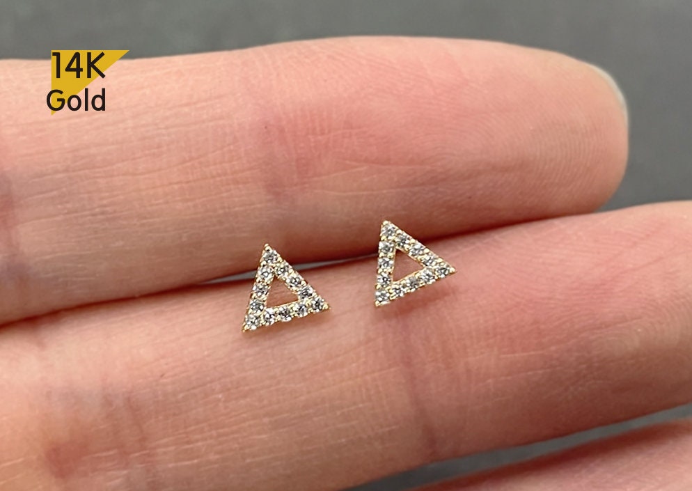 14K Solid Gold Stud Earrings, Cubic Zirconia Triangle