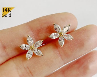14K Solid Gold Stud Earrings, Cubic Zirconia Daisy Earrings, CZ