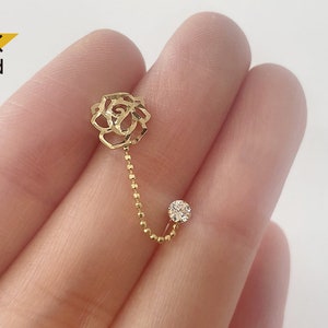 14K Solid Gold Cubic Zirconia Rose Chain Stud Earring