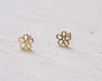 10K Solid Gold Tiny Line flower Earrings Real Gold - TGE062