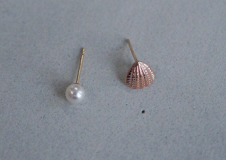 Rose Gold Shell Cute mix TG4101 14K Solid Gold stud Earrings Real Rose Gold White 4mm Pearl