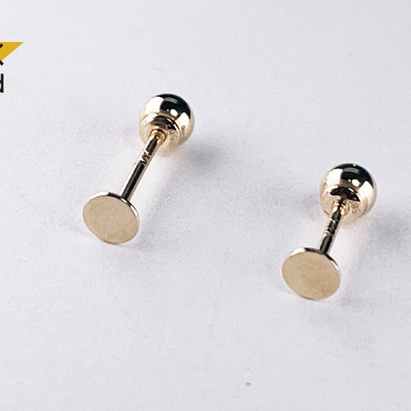 14K Solid Gold Thin Circle 3, 4mm Piercing 21G,  4,6,8mm Post / Barbell Screw Ending Ball