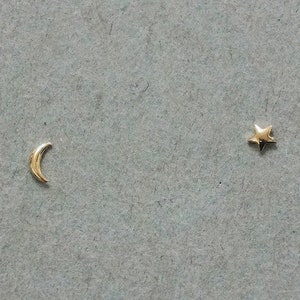 10K Solid Gold Tiny Convex Star Crescent Moon Studs Earrings Real Gold - TGE016