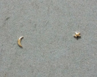 10K Solid Gold Tiny Convex Star Crescent Moon Studs Earrings Real Gold - TGE016