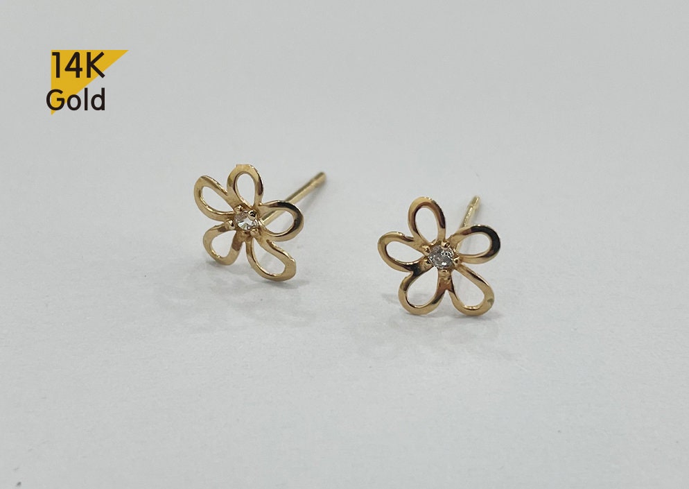 14K Solid Gold Stud Earrings, Cubic Zirconia Daisy Earrings