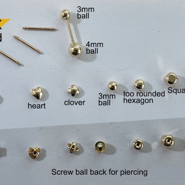 14K Solid Gold Piercing Single item 6 8 10 mm Post, Tiny Barbell ball Star Clover Hexagon Heart Square Screw back