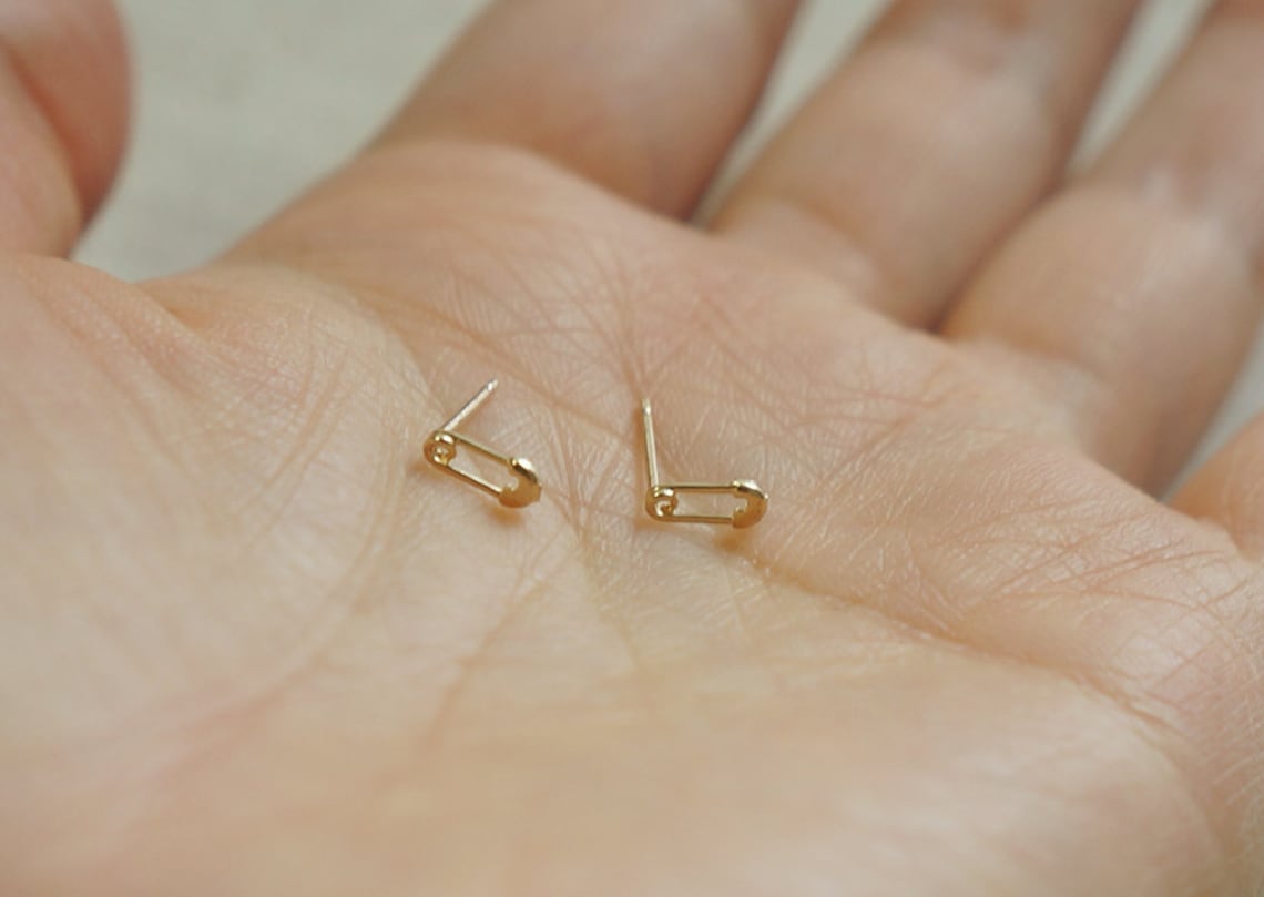 10K Solid Gold Tiny Safety Pin Stud Earrings Real Gold Etsy