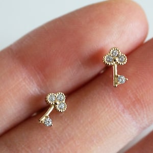 10K Solid Gold Tiny CZ Clover Key Stud Earrings, Lucky Clover  Earrings - TGE123