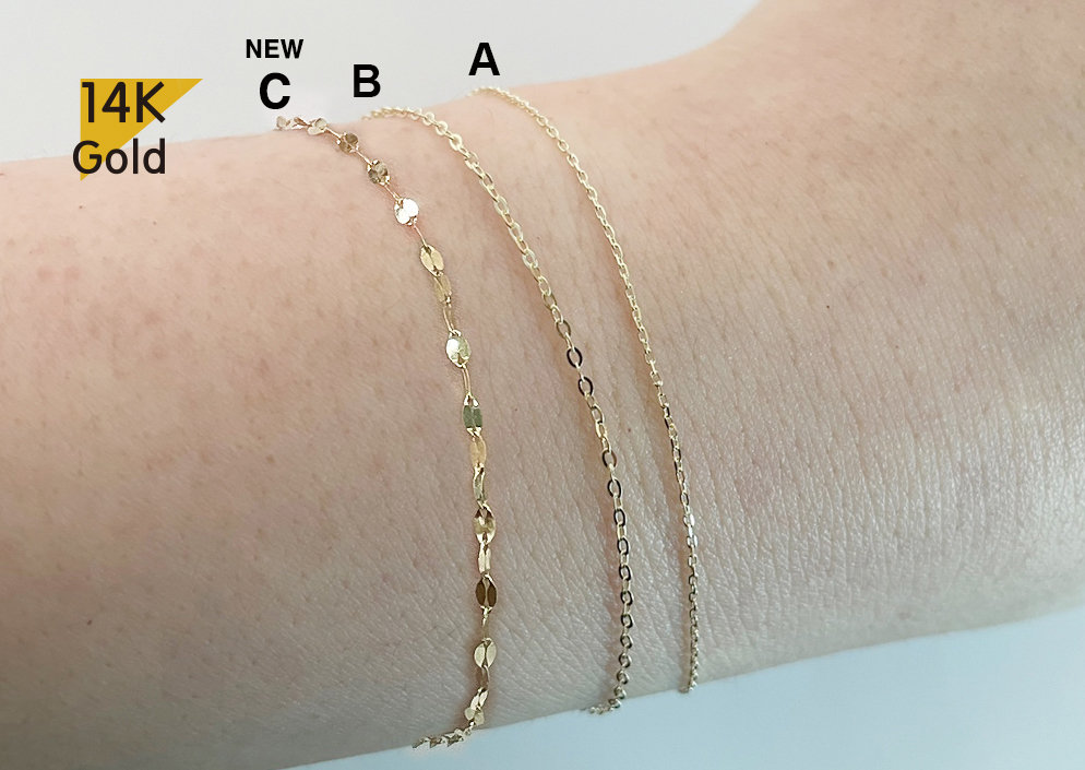 14K Solid Gold Bracelet, 14K Yellow Gold thin Chain Bracelet Chain - TGN006