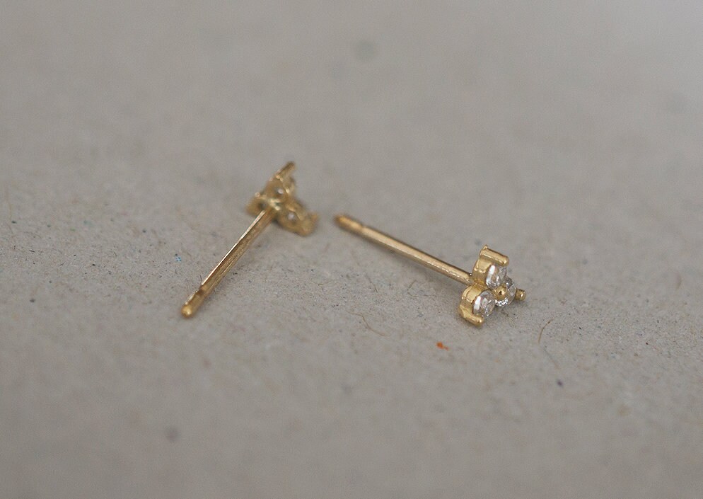 10K Solid Gold Tiny 3 White CZ Stud Earrings Real Gold | Etsy