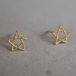 10K Solid Gold Tiny Star String Line Stud Earrings Real Gold - TGE012