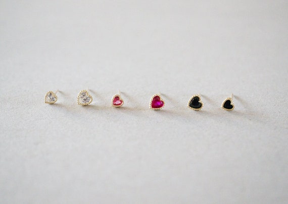 10K Solid Gold Tiny Heart Cubic Zirconia Stud Earrings, 4mm
