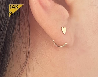 NEW! 14K Solid Gold Heart Open Hoop Earring, 14K Solid Gold Ball Open Hoop  Earring