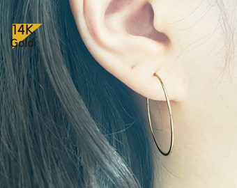 Super Lightweight  14K Solid Gold Tiny Thin Hoop Earring, 25mm Hoop Earring - TGE4202