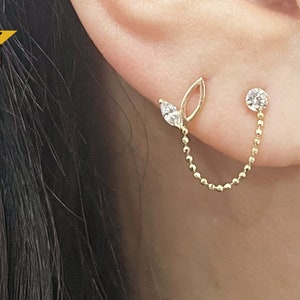 14K Solid Gold Cubic Zirconia Leaf Chain Stud Earring