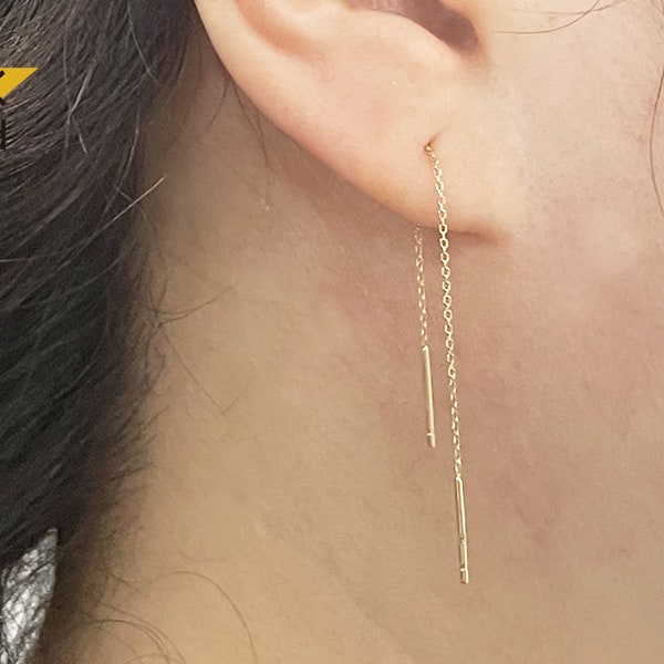 14K Solid Gold  Threader Earring, Thin Chain Earring