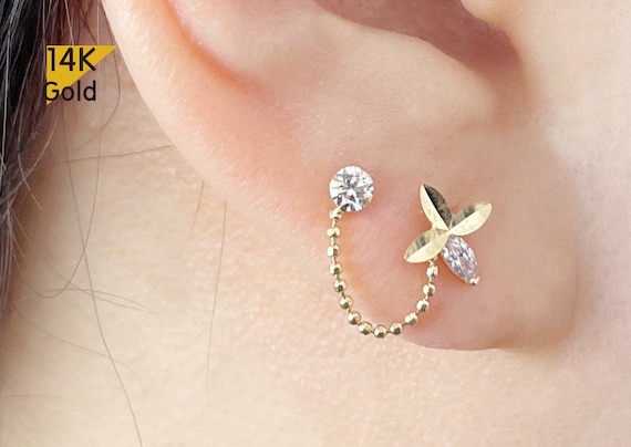 14K Solid Gold Flower and 3mm Cubic Zirconia Chain Stud Earring