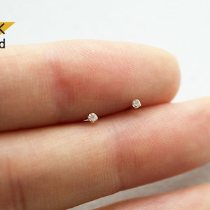 14K Solid Gold Stud Earrings, So Tiny Stud,  Yellow Gold White CZ Earrings, Real Gold - TGE41012