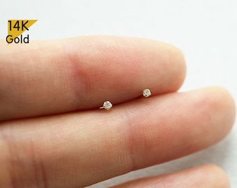 14K Solid Gold Stud Earrings, So Tiny Stud,  Yellow Gold White CZ Earrings, Real Gold - TGE41012