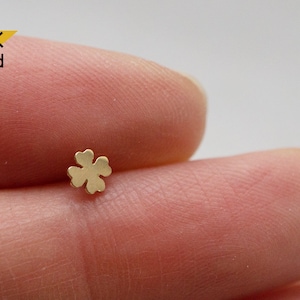 14K Solid Gold Tiny Lucky Clover End Barbell  Piercing 20G, 6mm Post Real Gold - TGP4501