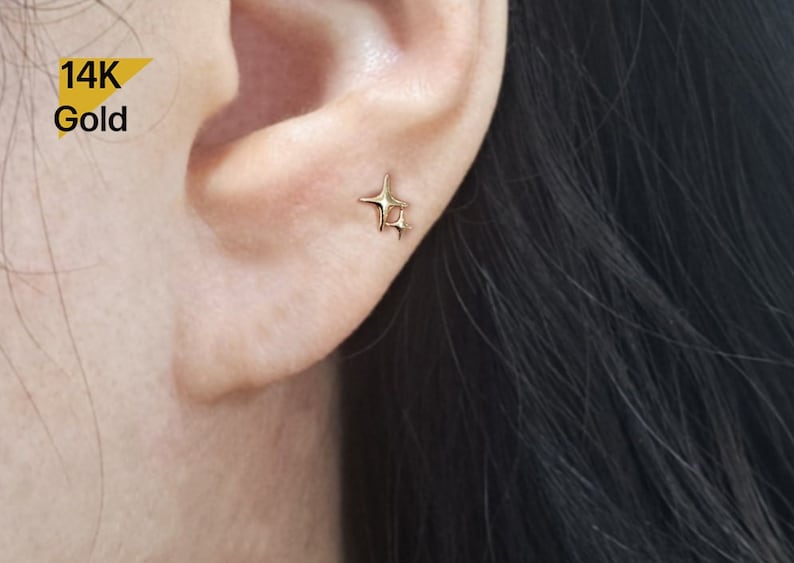 Black Friday SALE 14K Solid Gold Stars Ball Stud End Barbell Piercing ...