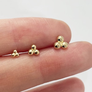 10K 14K Solid Gold Tiny 3 Beads Triangle Stud Earrings Real Gold - TGE109