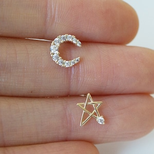 10K Gold CZ Star Moon Stud Earrings, Solid Gold, 10K Real Gold - TGE127