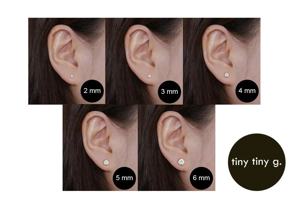 14K Solid Gold Single Earring Tiny CZ 2~6 Mm Piercing 21G, 4