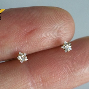 14K Solid Gold Stud Earrings, Tiny Stud,  Yellow Gold White Star CZ Earrings, Real Gold - TGE41014