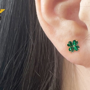 14K massief gouden Clover-halterpiercing, 22G, creen CZ, zirkonia, 6 mm stift