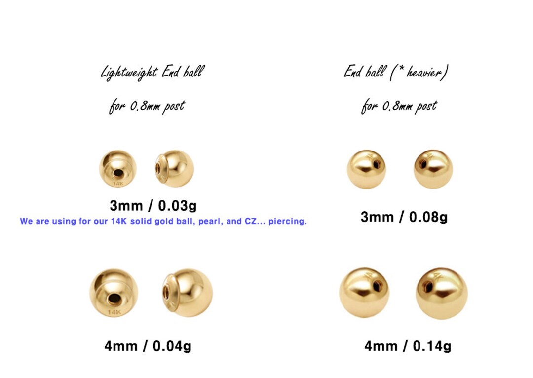 14K Solid Gold Piercing Earring Screw Ball Backing 3mm,4mm Single End