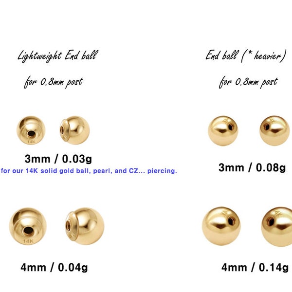 14K Solid Gold Piercing Earring Screw Ball Backing 3mm,4mm Single End Ball - TGE4000