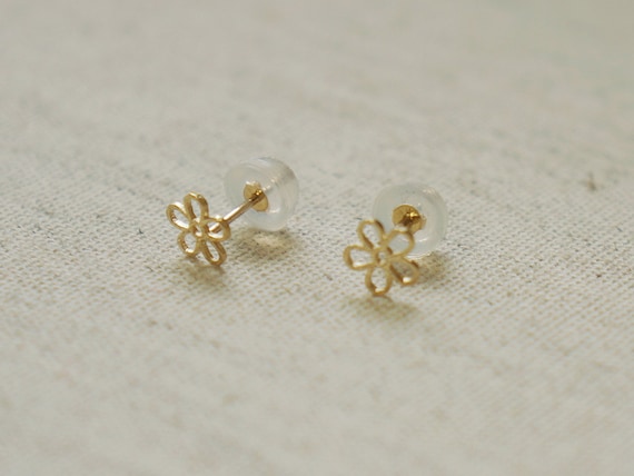 10K Solid Gold Tiny Line Flower Earrings Real Gold - TGE062