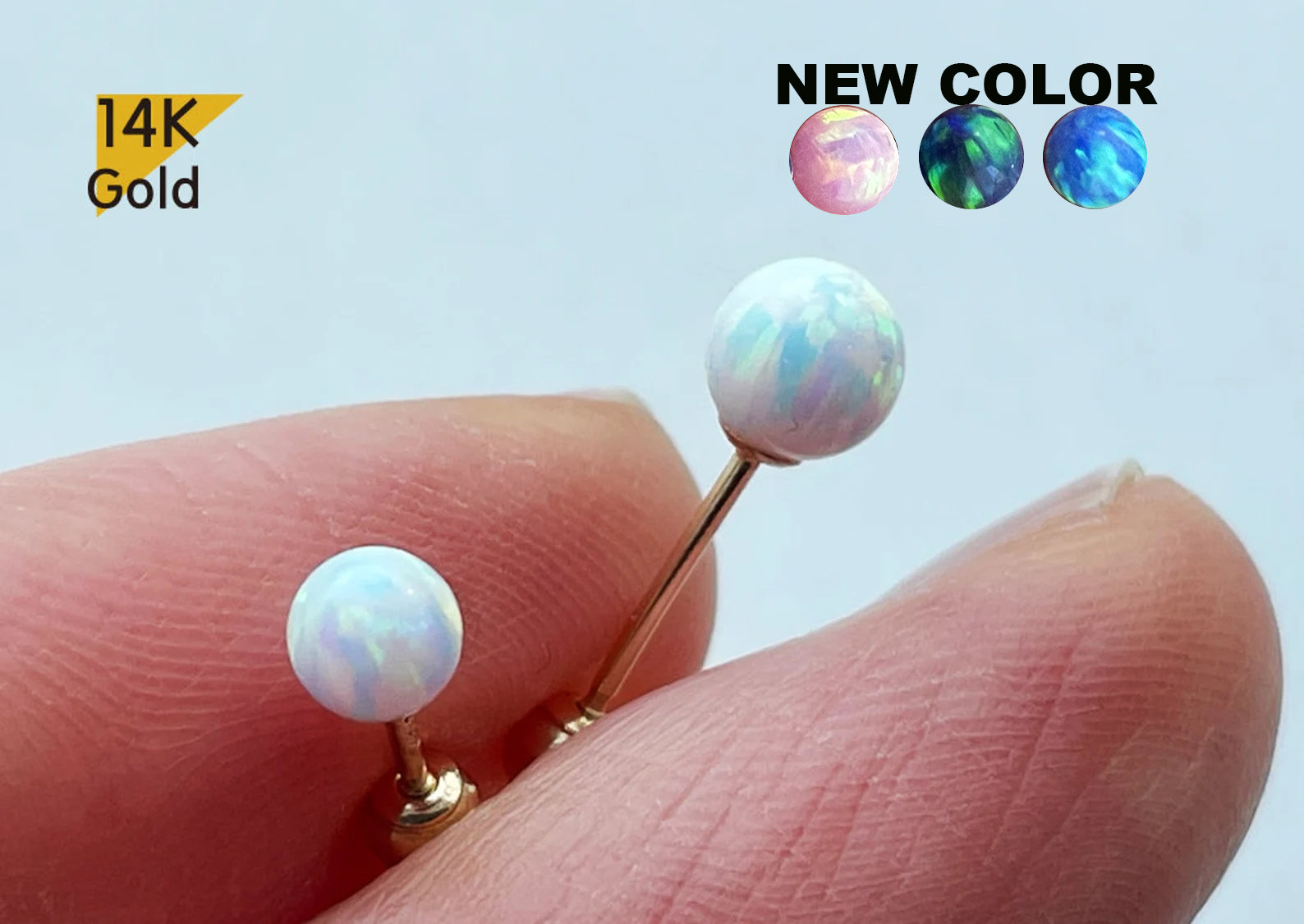 14K Solid Gold Opal Ball 4,5mm Piercing 21G, 4,6,8mm Post