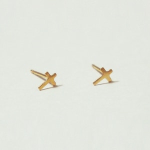 10K Gold Tiny Cross Stud Earrings, Solid Gold, 10k Real Gold - TGE055
