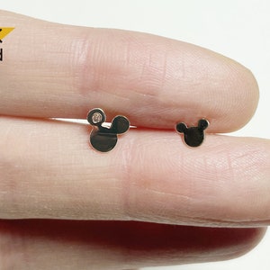 14K Solid Gold Mickey Mouse Barbell Piercing, 22G, 6mm Post, Tragus Piercing, Helix Cartilage Piercing