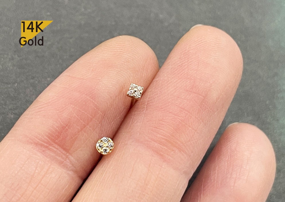 14K Solid Gold Stud Earring, Tiny Square White CZ Earring