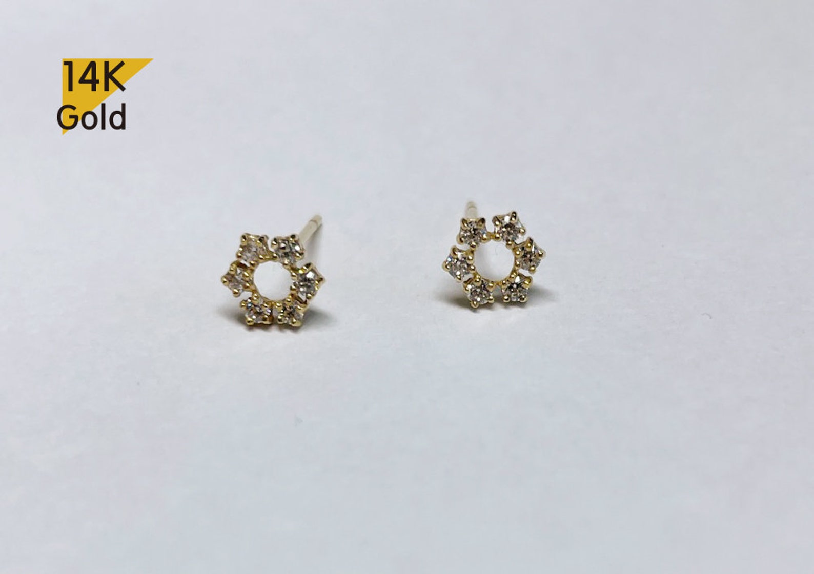 14K Solid Gold Stud Earrings Cubic Zirconia Flower Earrings Etsy