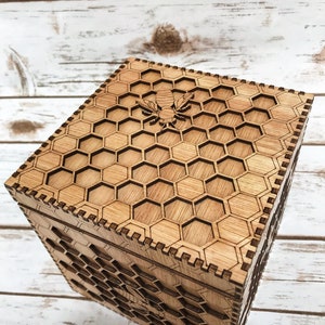 Bee Box a unique box featuring an intricate honeycomb and bees precision lasercut and varnished to a beautiful golden finish. image 2