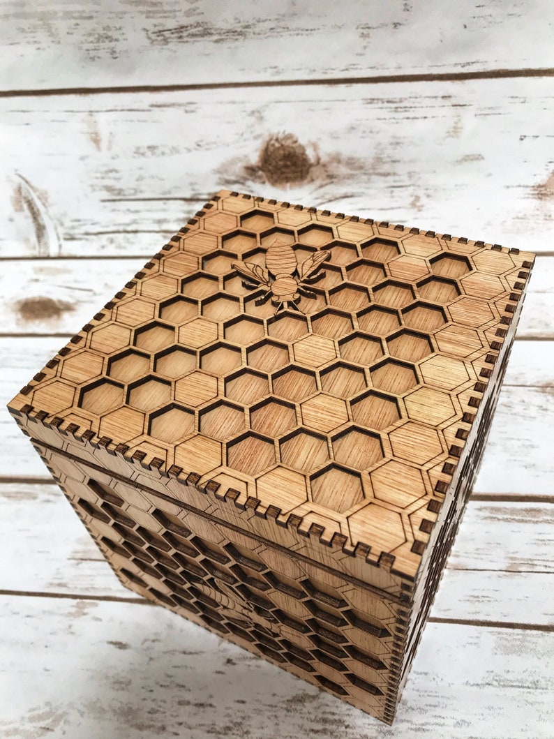 Bee Box a unique box featuring an intricate honeycomb and bees precision lasercut and varnished to a beautiful golden finish. image 2