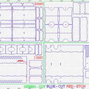 以下が含まれることがあります： ゲームオーガナイザー用の詳細なレーザーカット設計。長方形と曲線の複数のコンポーネントが特徴です。カット、エッチング、組み立ての指示を示すテキストが含まれています。画像は緑、青、赤の線を使用しています。