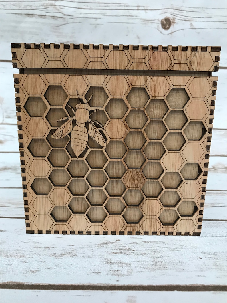 Bee Box a unique box featuring an intricate honeycomb and bees precision lasercut and varnished to a beautiful golden finish. image 5
