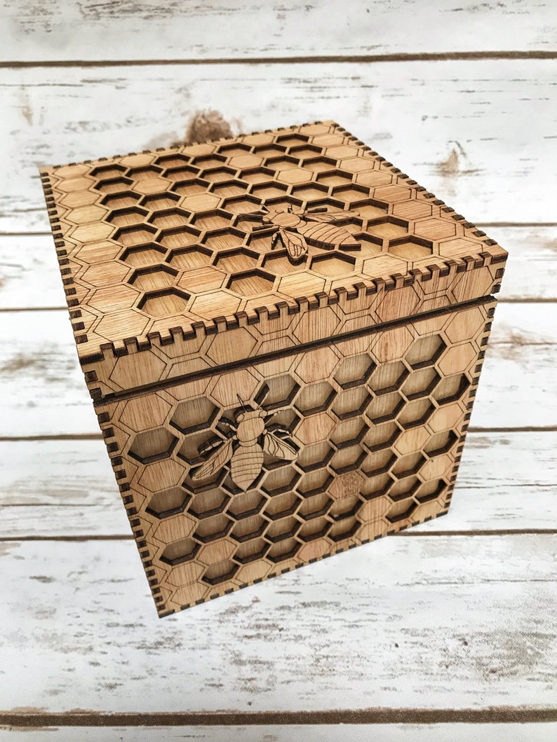 Bee Box a unique box featuring an intricate honeycomb and bees precision lasercut and varnished to a beautiful golden finish. image 4