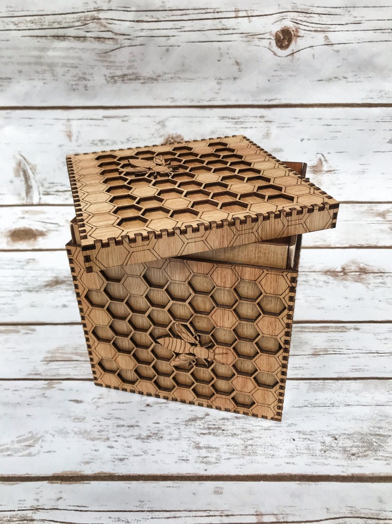 Bee Box a unique box featuring an intricate honeycomb and bees precision lasercut and varnished to a beautiful golden finish. image 3