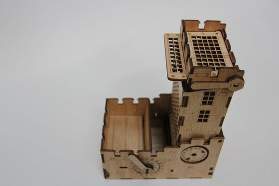 3.5mm hardwood laser cut with amazing details! Unique Steampunk Dice Tower