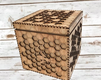 Bee Box - a unique box featuring an intricate honeycomb and bees - precision lasercut and varnished to a beautiful golden finish.