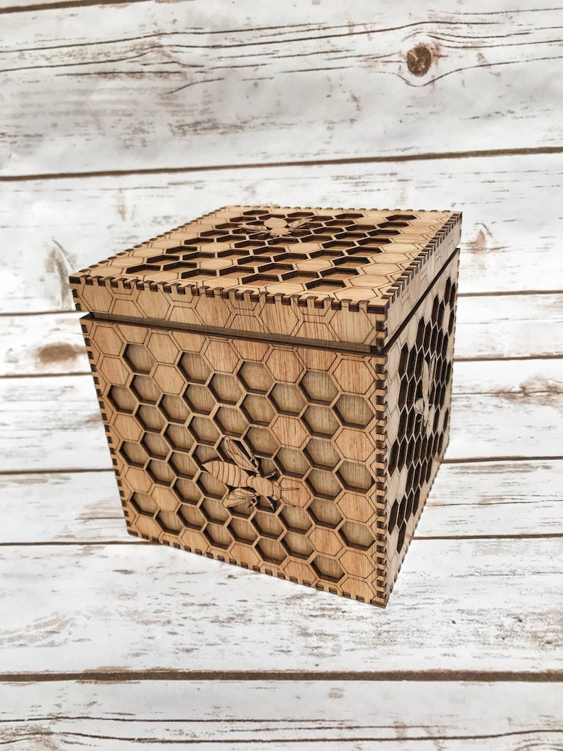 Bee Box a unique box featuring an intricate honeycomb and bees precision lasercut and varnished to a beautiful golden finish. image 1