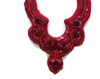 RUBY red rhinestone statement bib handsewn.